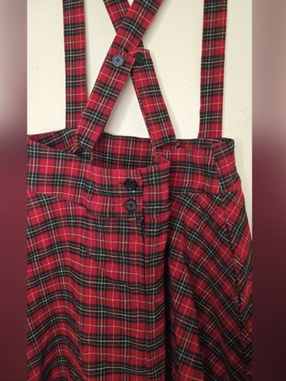 UNIQUE VINTAGE 1960's Style Red Plaid Suspenders Ruth Flare Skirt - Picture 9 of 14